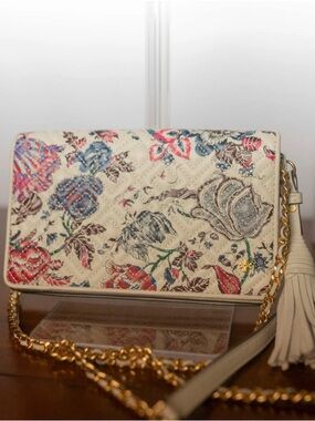 Tory Burch Fleming Floral Leather Chain Wallet Crossbody